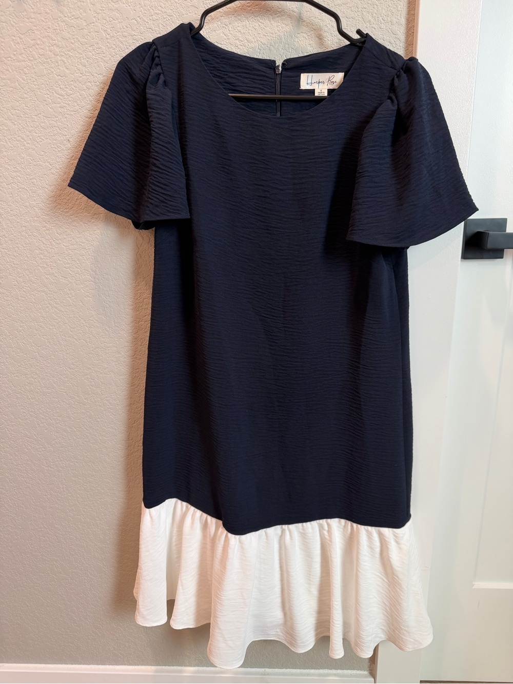 Harper Navy and White Ruffle-Hem Mini Dress